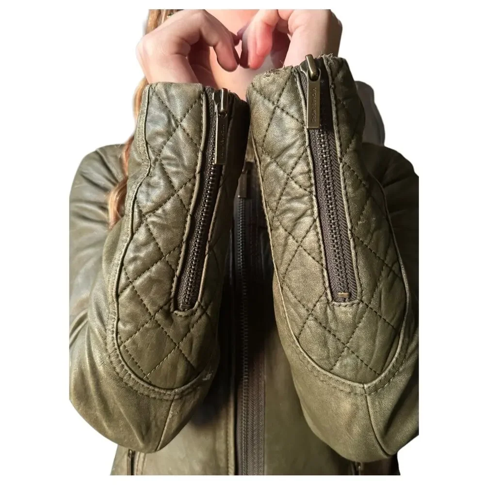 Michael Kors Green Leather Quilted Moto Jacket Small
